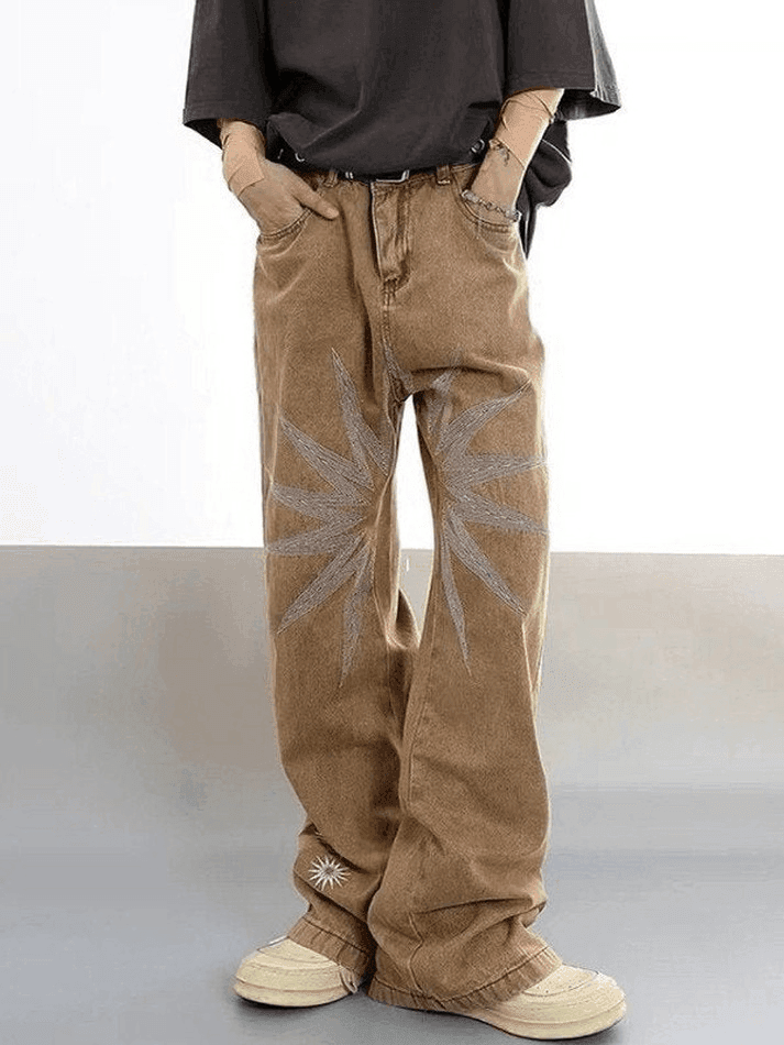 Brownm Men's Vintage Wash Embroidered Ankle Flare Jeans