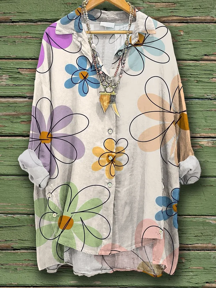 Women's Flower Print Casual Cotton And Linen Shirt