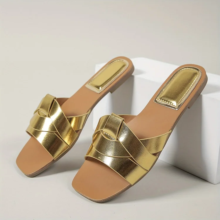 Women's Square Toe Slide Sandals - PU Strappy Flats for Casual Spring & Summer Beachwear Radinnoo.com