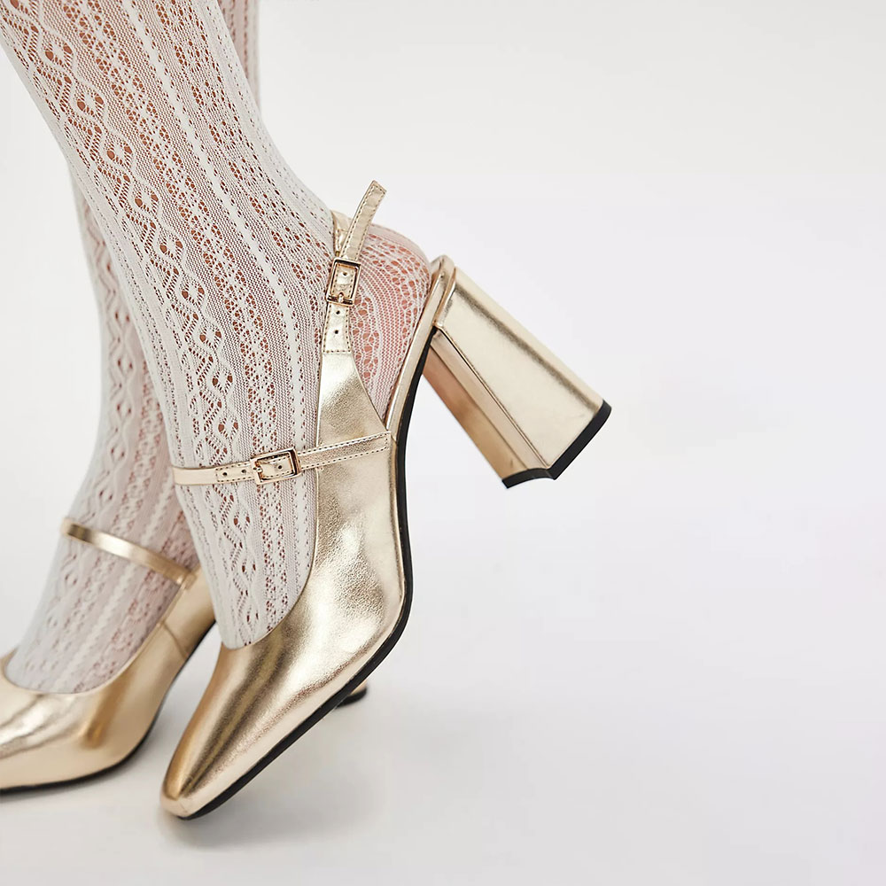 Gold Metallic Closed Toe Women's Slingback Heels with Buckle Nicepairs