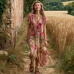 Boho Ethnic Floral Print Women's Linen V-neck Short Sleeve Maxi Dress - Image 3