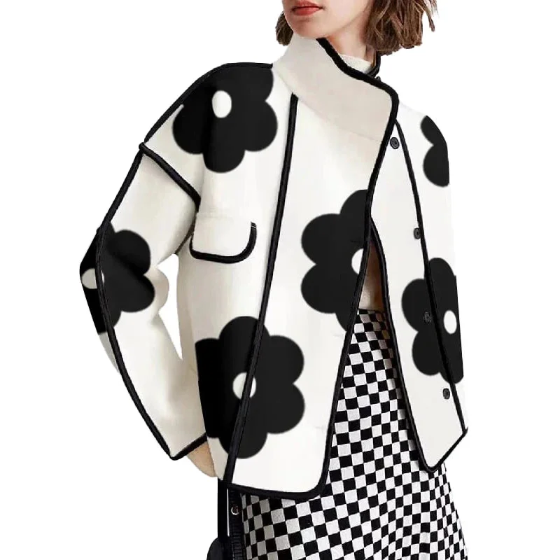 Huiketi Collar Women Printed Patchwork Jackets Fashion Black Flower Button-up Lady Coat Long Sleeves Autumn Outerwear 2024 New