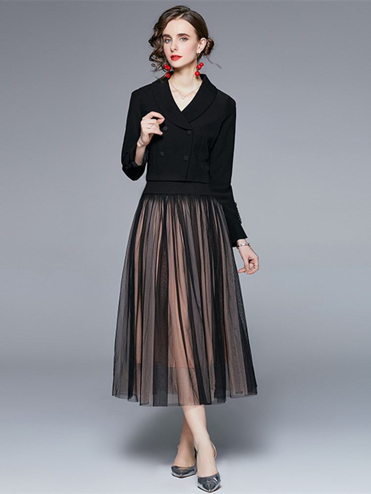 Autumn Women Double Breasted Short Blazer Black Jacket + Tulle High Waist Mesh Longue Pleated Tutu Skirts 2 Piece Set