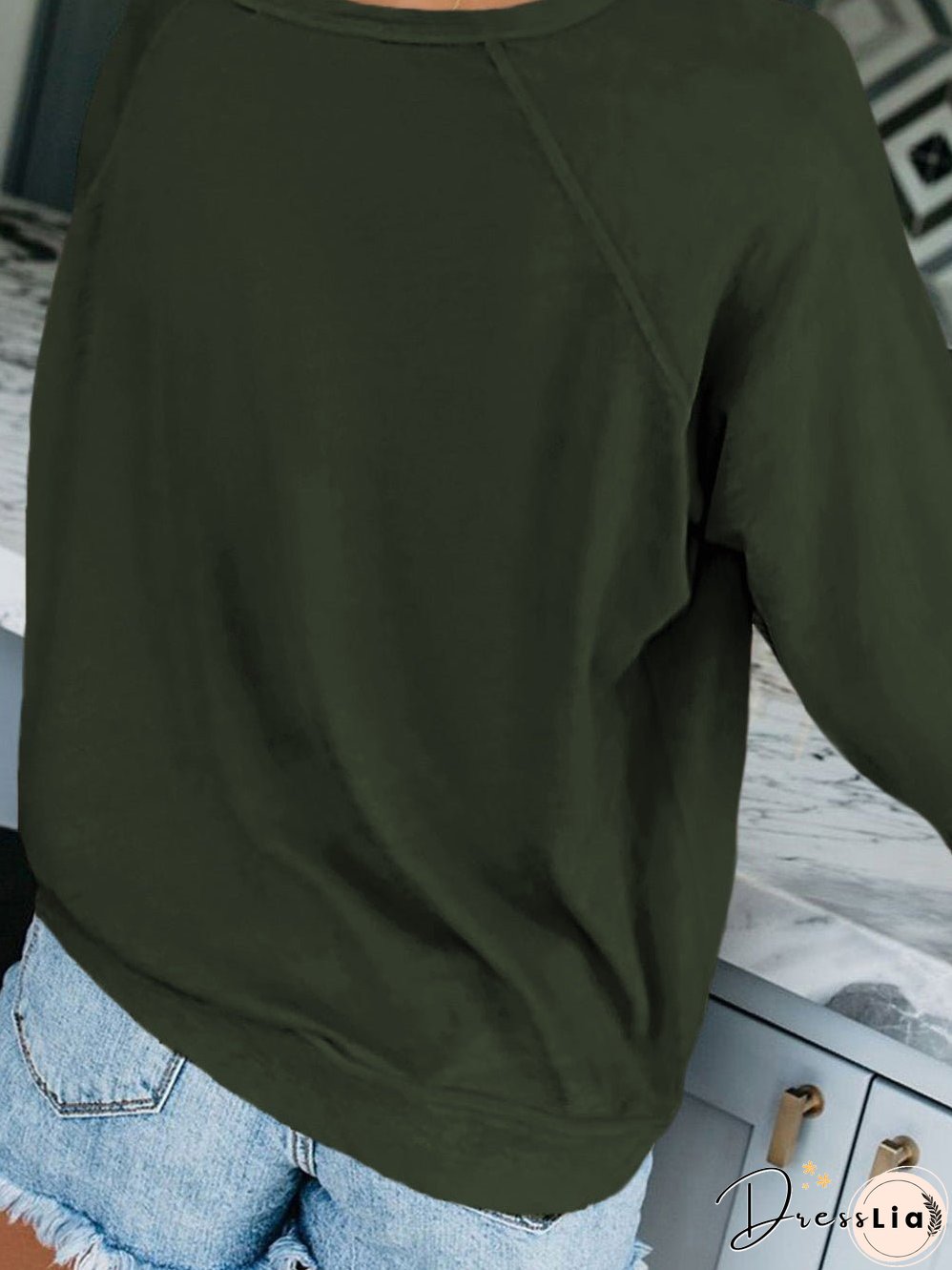 Green Crew Neck Long Sleeve Sweatshirt with Distressed Detail