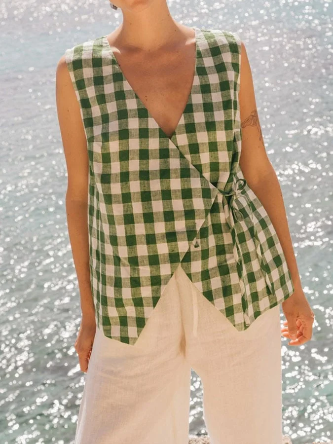 Women's cotton and linen plaid tie sleeveless shirt