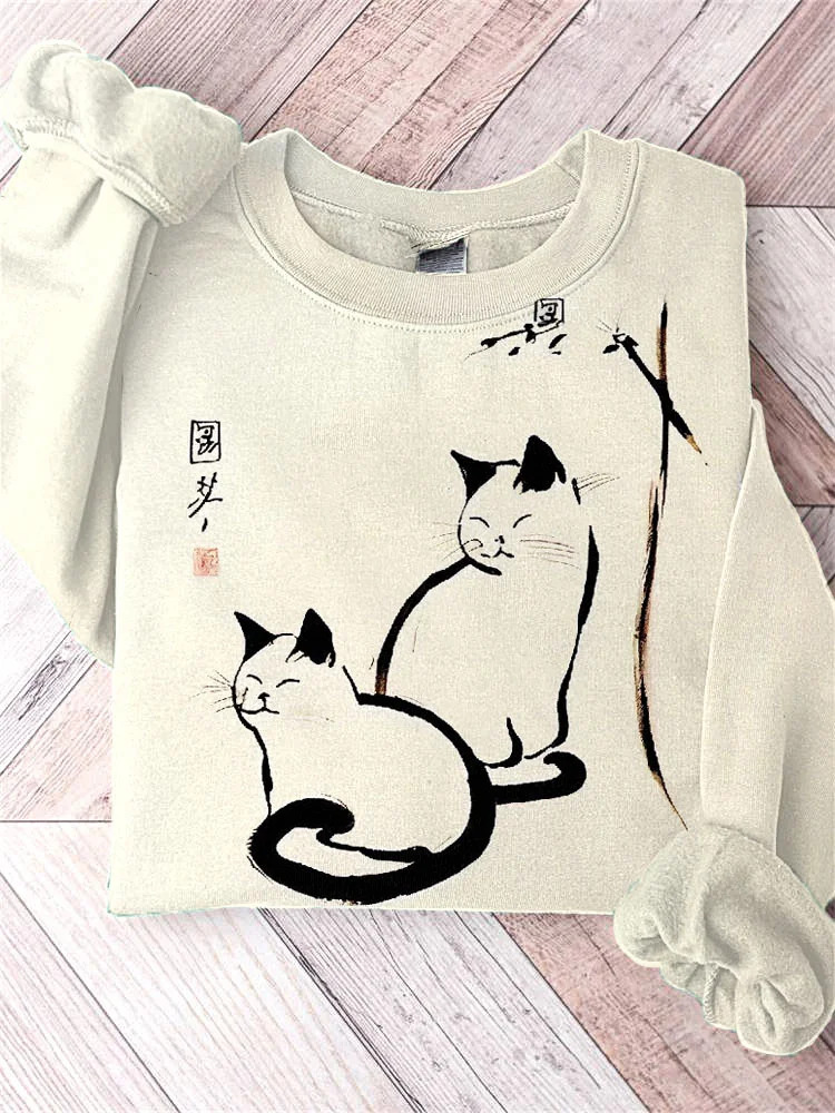 Japanese Art Cute Vintage Cats Print Sweatshirt