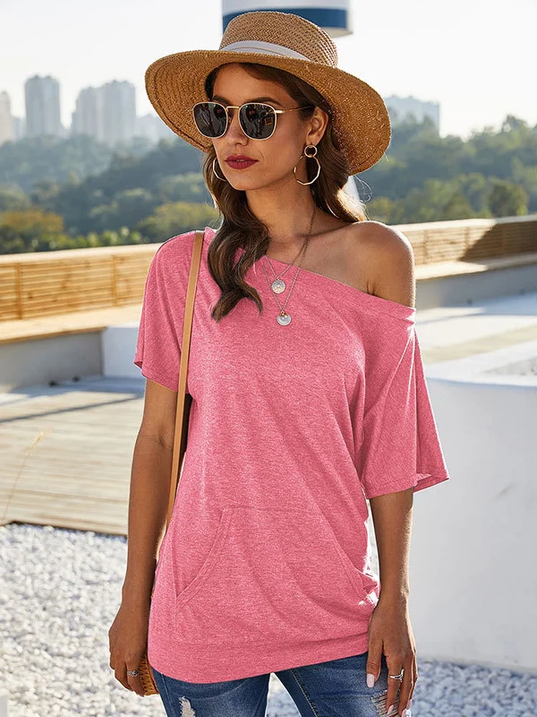Simple Short Sleeves Loose Solid Color One-Shoulder T-Shirts Tops