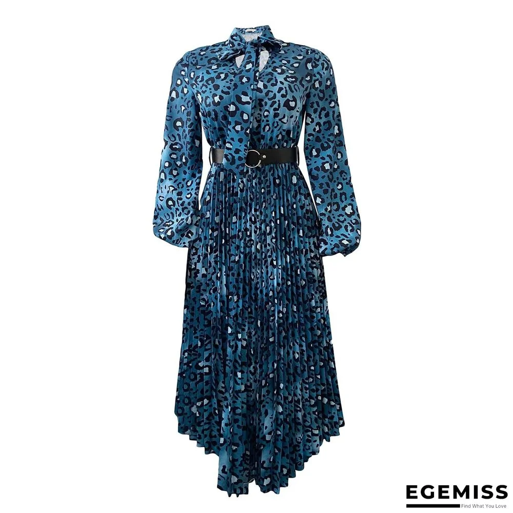 Long Sleeve Printed V-neck Pleated Dress | EGEMISS