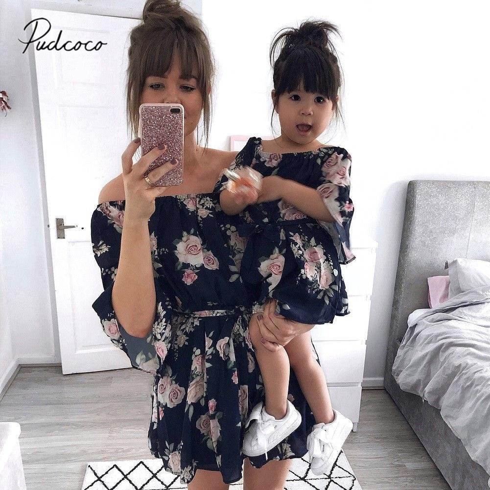 2019 Family Matching Dress Mother and Daughter Matching Girls Floral Outfits Clothes Chiffon Mini Dresses Off Shoulder Gown