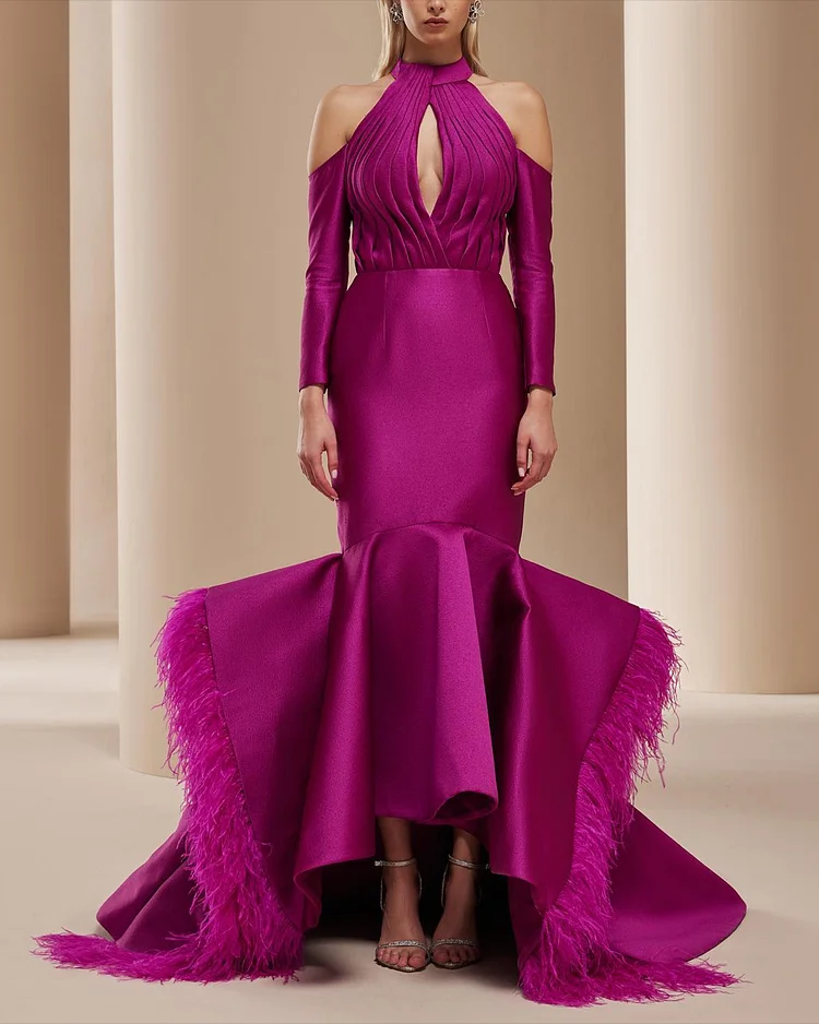 Women's Off-Shoulder Solid Color Feather Dress