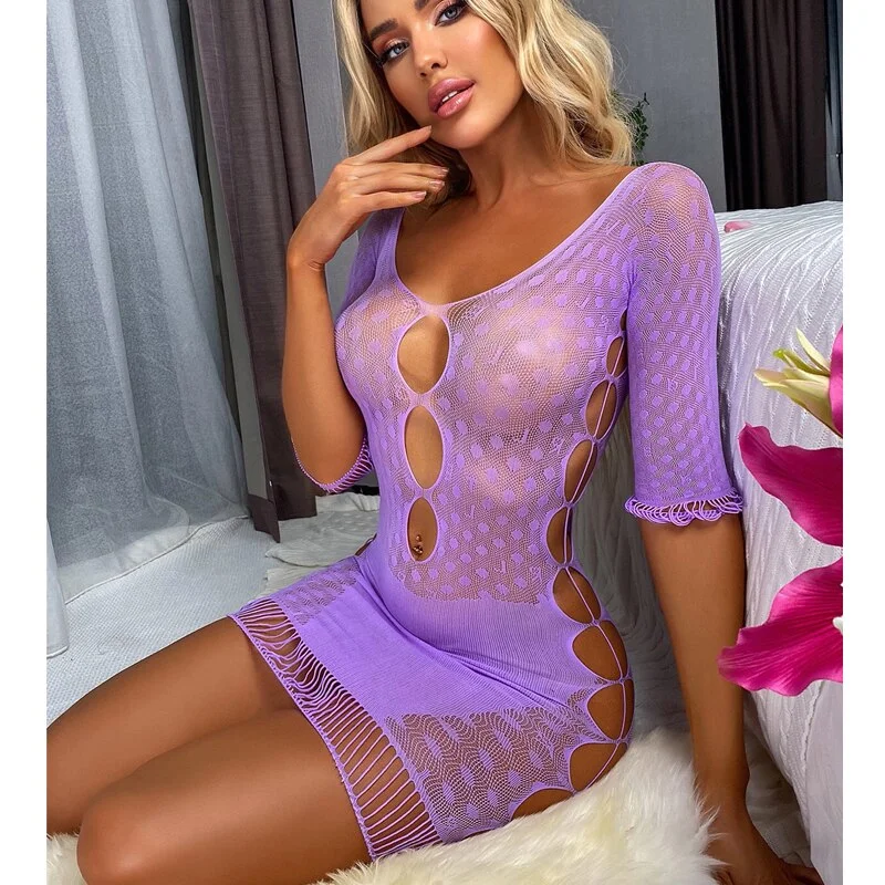 Lingerie Fishent Bodycon Dress Long Sleeves Underwear Perspective Mash Cover Up Nightdress Lenceria DS058 Digits