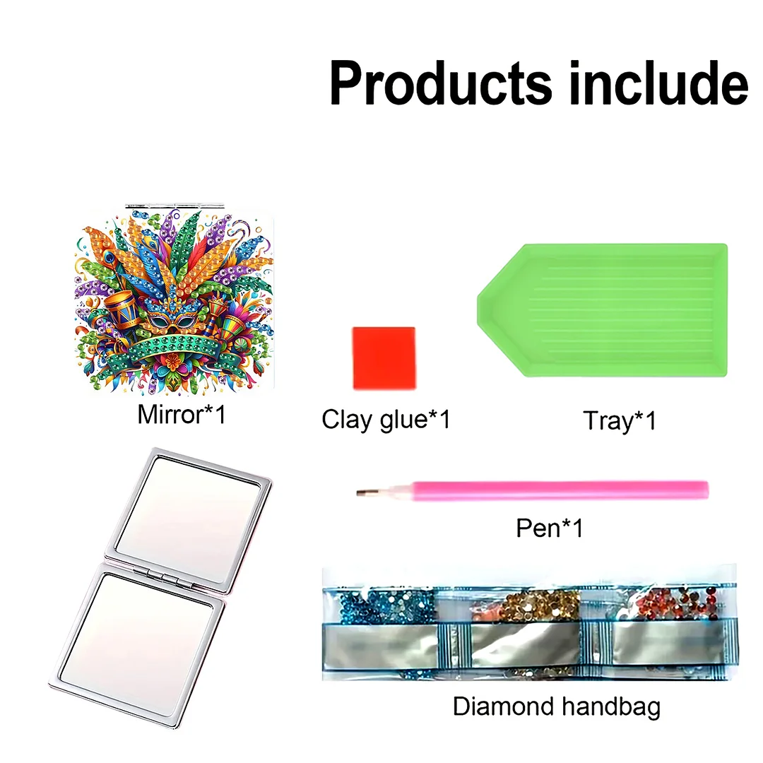Mask-1 DIY Special Shaped Diamond Painting Compact Mirror Kits Diamond Art Painting Pocket Mirror for Beginners Adults Art Craft Woman Gifts