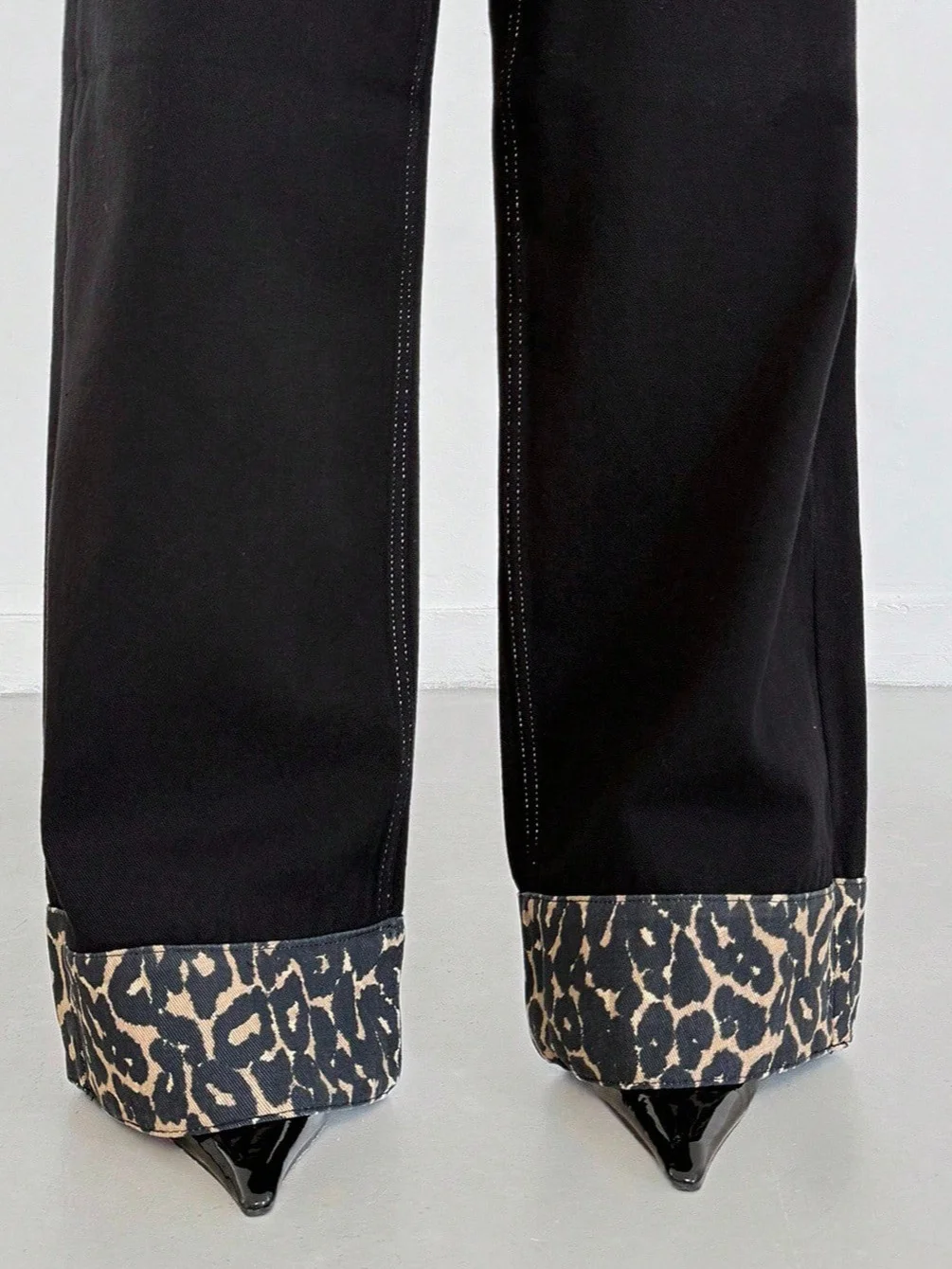Athvotar Athvotar Straight Trousers Feet Spliced Leopard Trousers Babes Essential Personality Leopard Print Base Black High-Waisted Thin Jeans