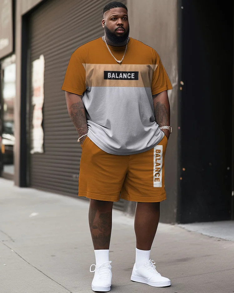Men's Large Size Letter BALANCE Contrasting Color Patchwork T-shirt & Shorts Set