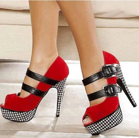 Houndstooth Platform Mary Jane Key Hole Pumps Red Platform Heels Vdcoo