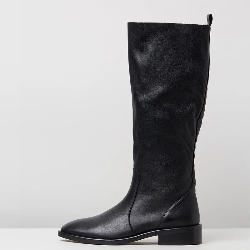 TAAFO Black Knee High Boots Med Chunky Heels Round Toe Zipper Shoes Ladies Botas