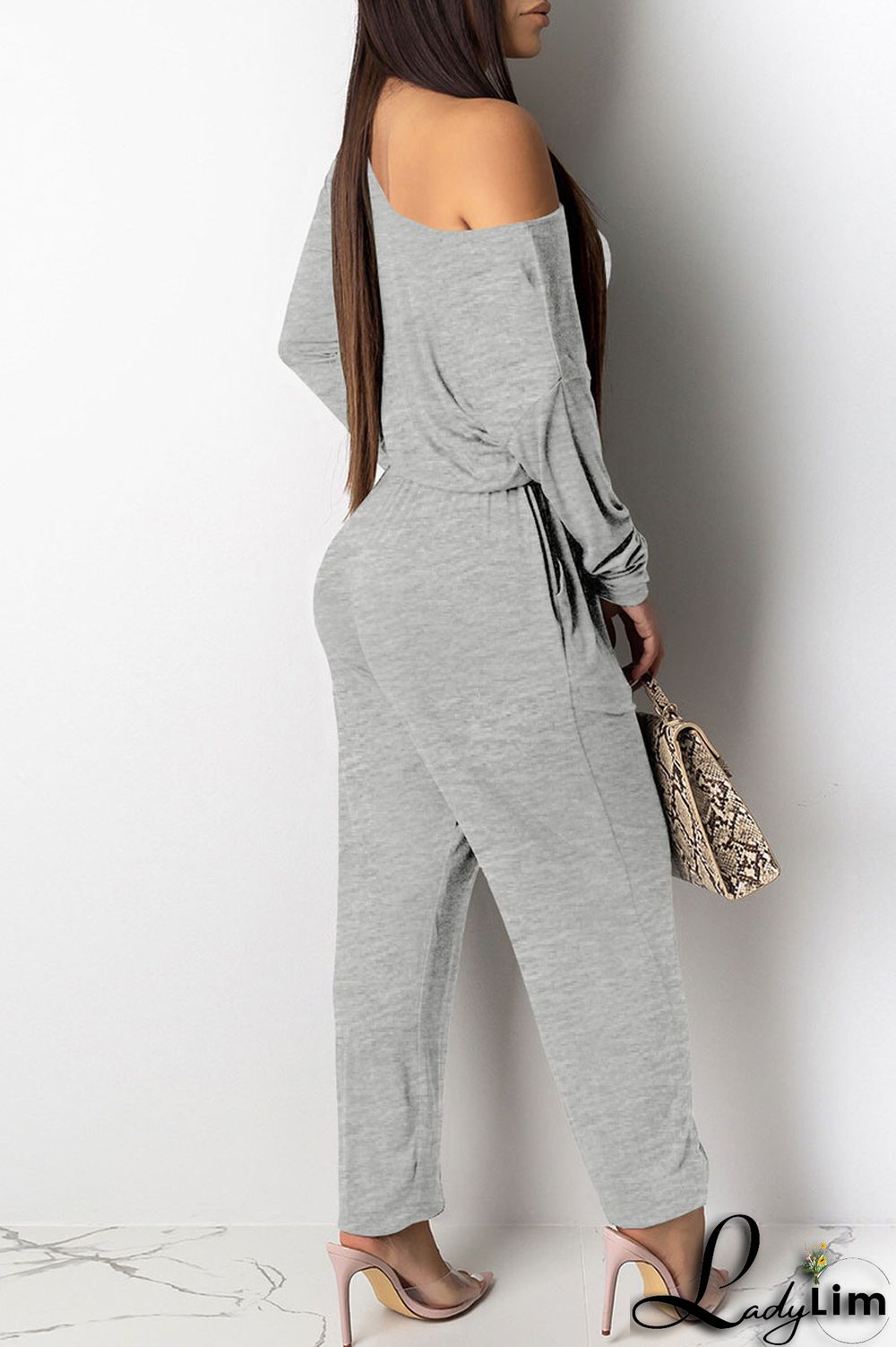 Grey Casual Solid Patchwork Frenulum Oblique Collar Straight Jumpsuits