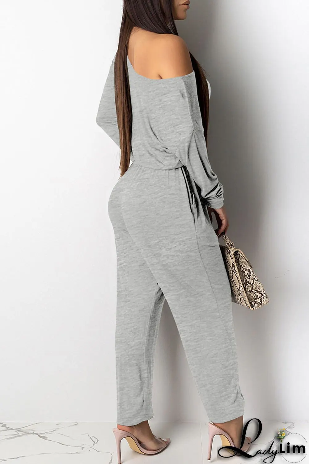 Grey Casual Solid Patchwork Frenulum Oblique Collar Straight Jumpsuits