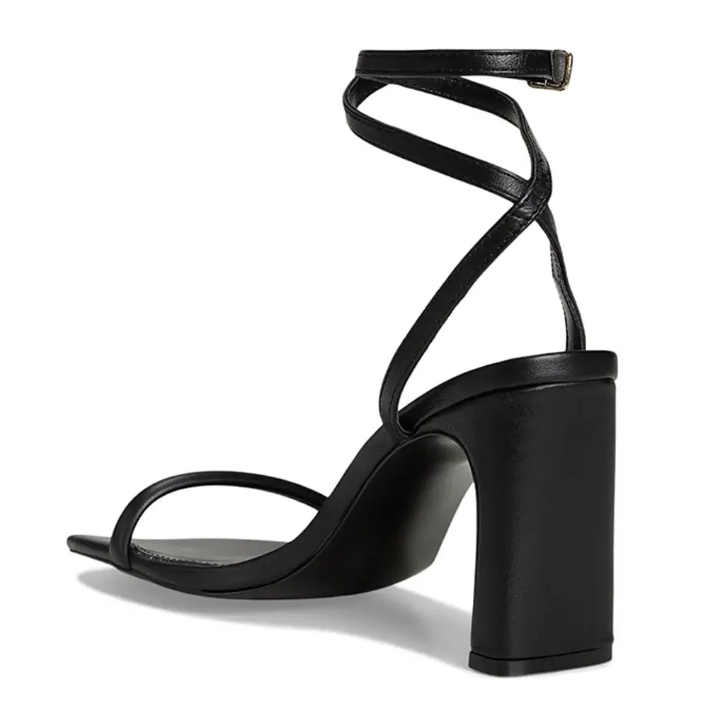 Black Square Toe Ankle Strap Buckle Chunky High Heels Sandals