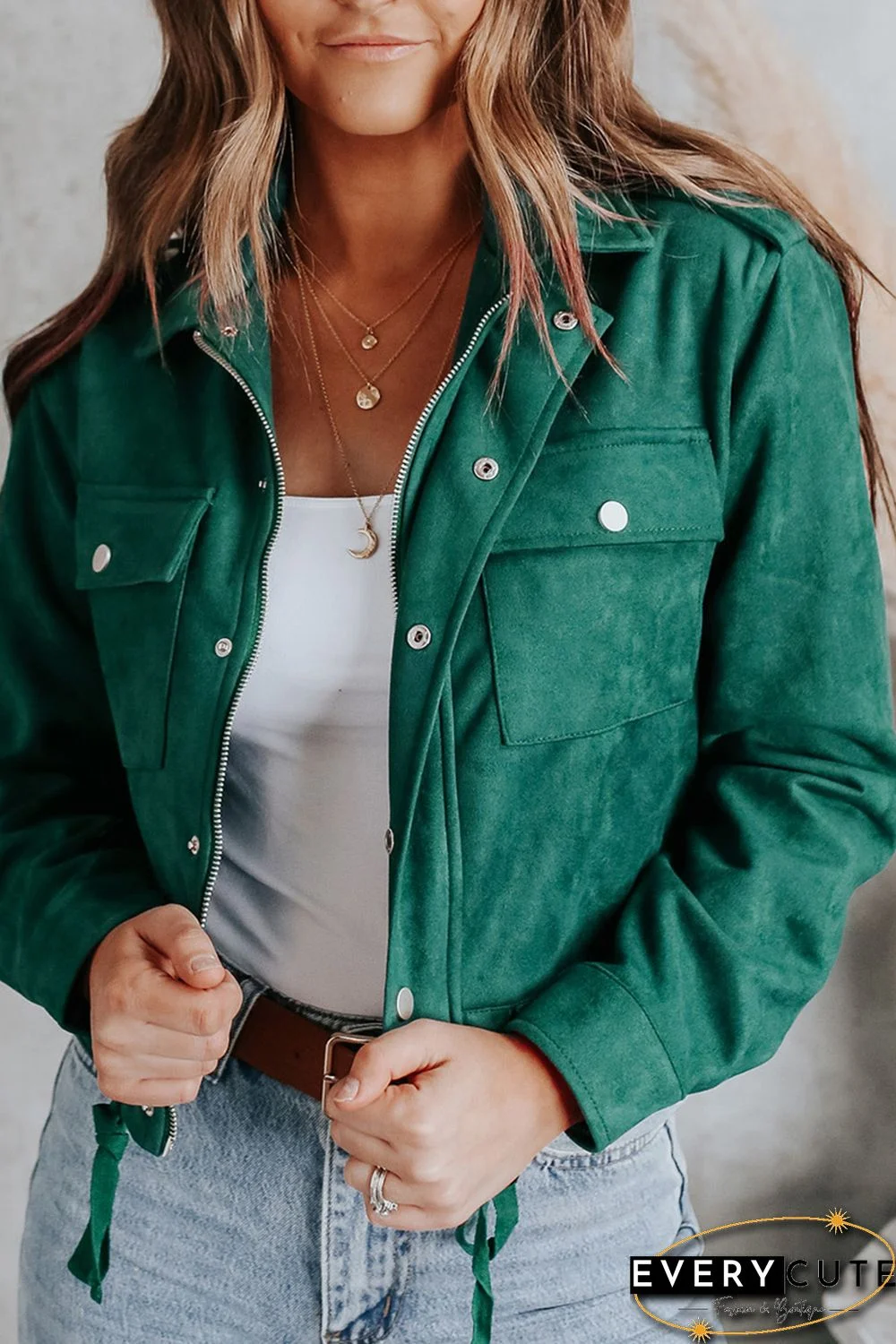 Green Faux Suede Button Down Cropped Jacket