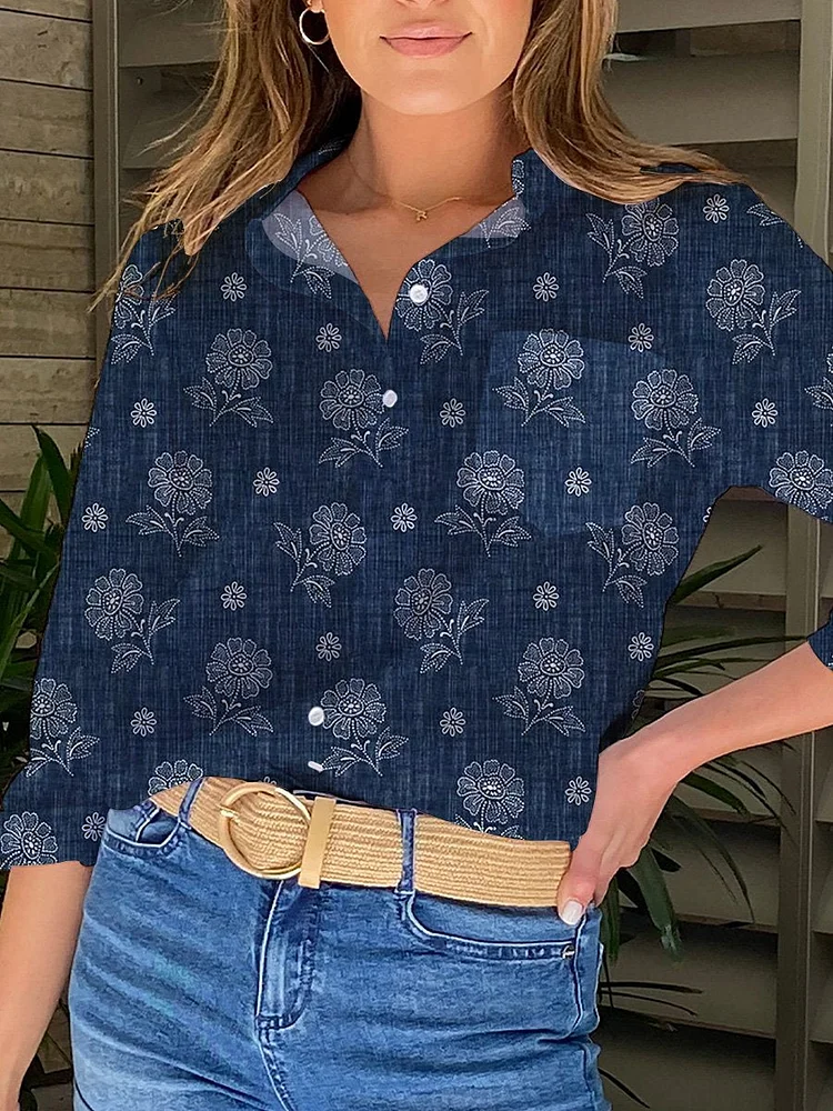 Denim Texture Spring Chrysanthemums Repeat Pattern Printed Women's Casual Shirt