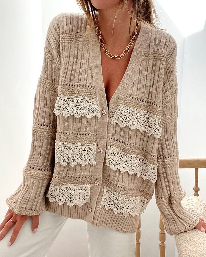 V-neck Button Lace Ruffles Sweater Outwear