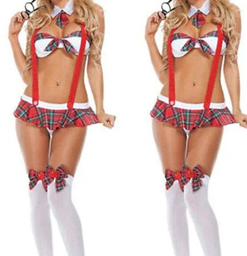 Billionm School Girl Student Uniform Costumes Women Sexy Lingerie Hot Erotic Strappy G-string Plaid Skirt Set Cosplay Fancy Dress