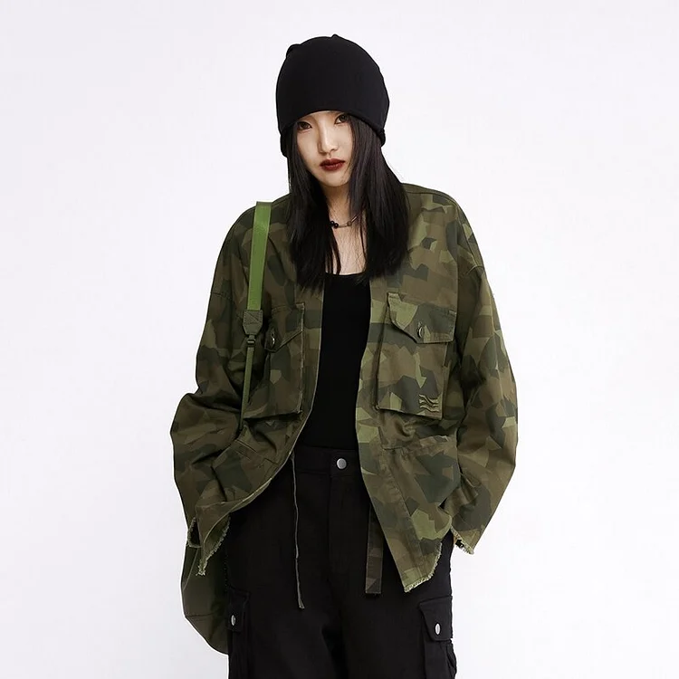 Fashion Loose Camouflage Splicing Pockets Long Sleeve Jacket 