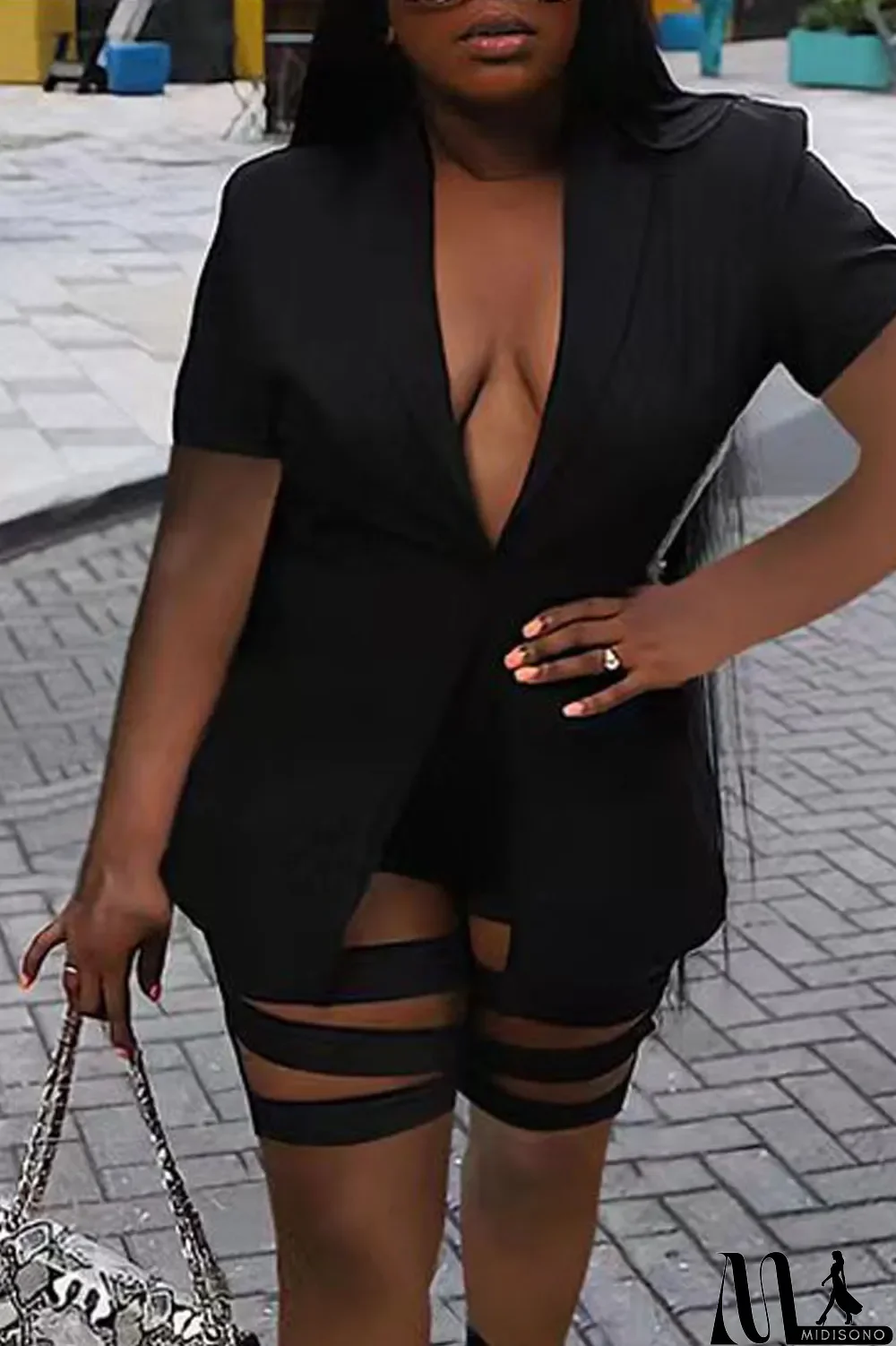 MidiSono - Red Street Print Hollowed Out Patchwork Buttons Turn-back Collar Short Sleeve Two Pieces