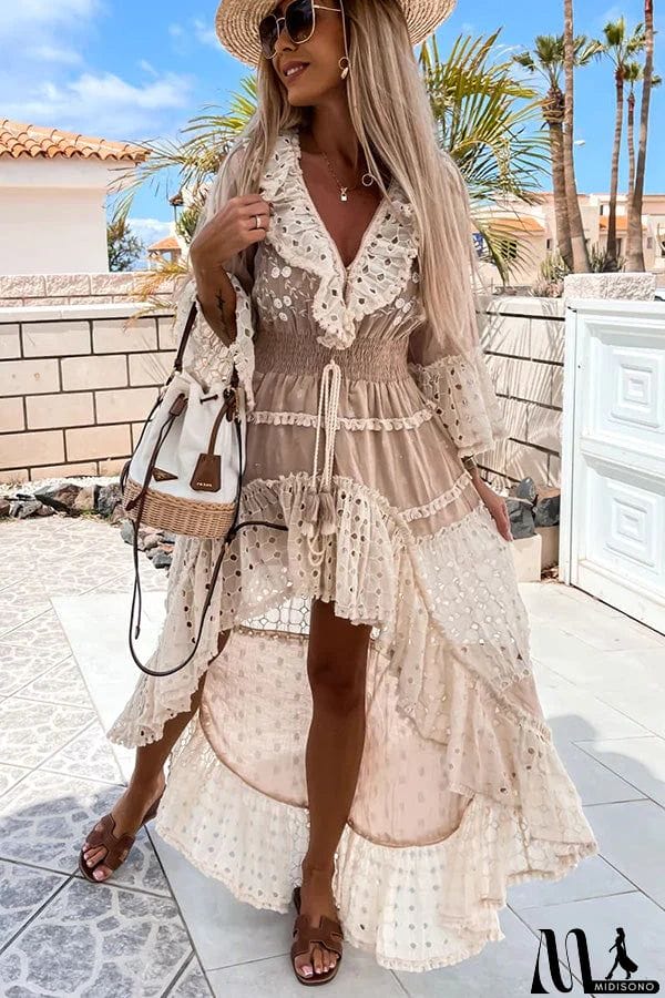 MidiSono - Sandy Dream Embroidered Crochet High Low Dress