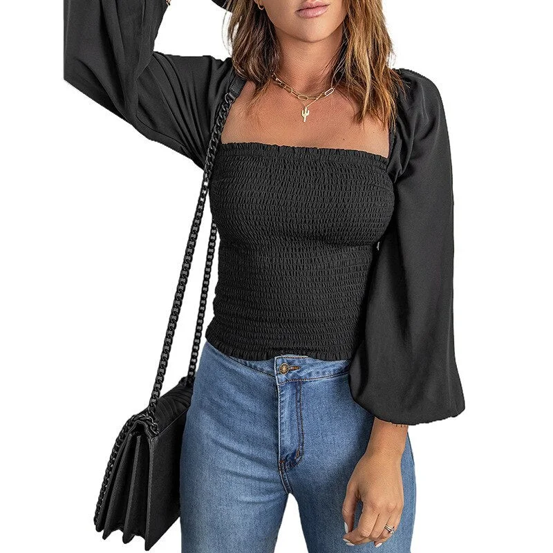 Off Shoulder Cropped Corset Blouse Solid Pleated Blouse