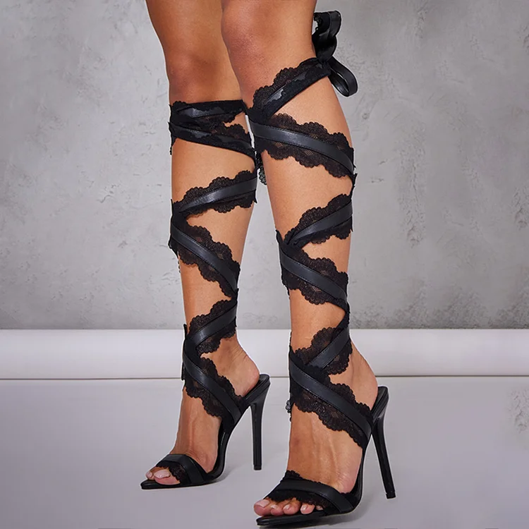 Black Open Toe Lace Ribbon Strappy High Heel Sandals |FSJ Shoes