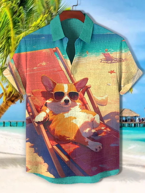 Men's Vacation Style Beach Dog Print Short Sleeve Shirt