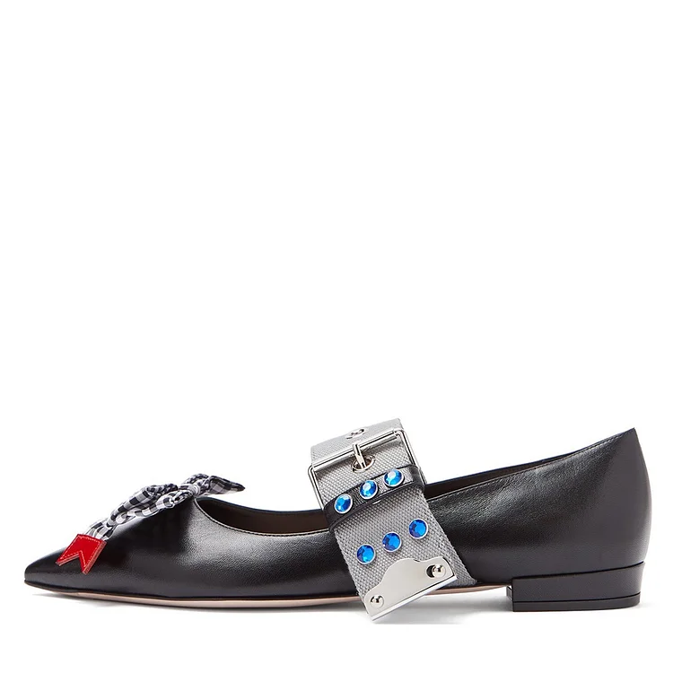 Black Pointed Toe Buckle Plaid Bow Comfortable Flats |FSJ Shoes