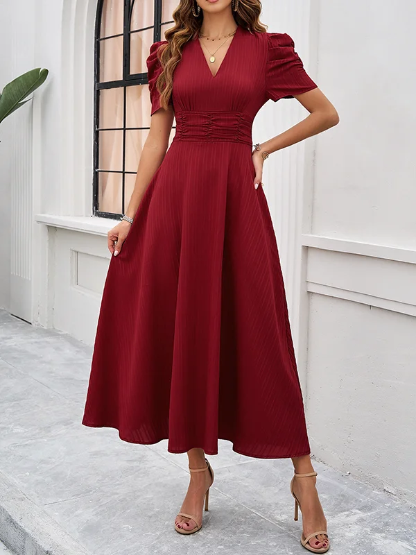 Pleated Solid Color Zipper A-Line High Waisted V-Neck Maxi Dresses