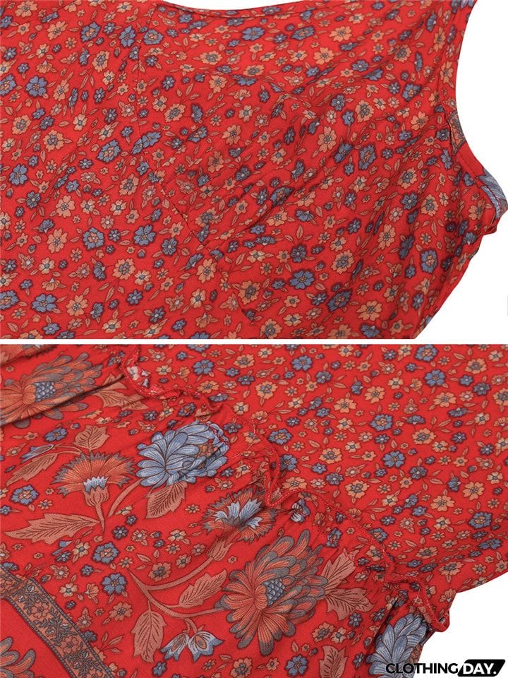 All-Over Floral Print Fitted Waist Pullover Pleated Detailing Spaghetti Strap Dress