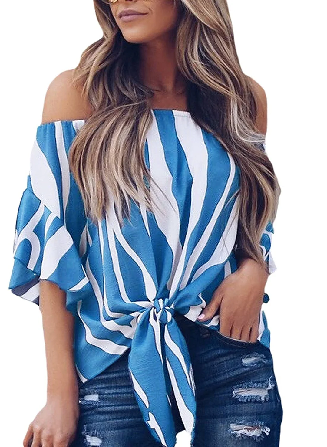 Women's Tops Blouse Striped 3/4 Bell Sleeve Off The Shoulder Front Tie Knot T Shirt