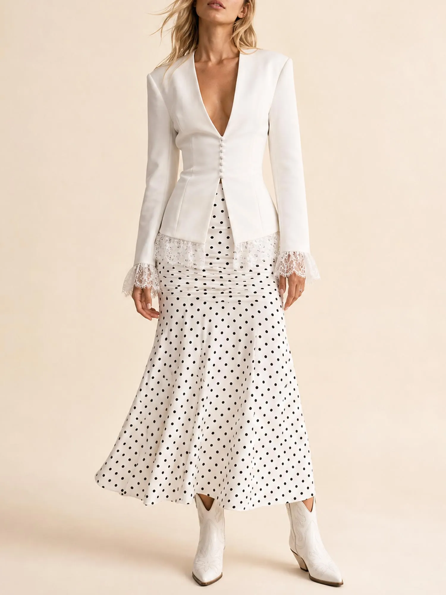 Derby Day Elegance &mdash; Crisp White, Lace-Trimmed Cuffs, Polka Dot, Premium Tailored Blazer & Maxi Skirt Set