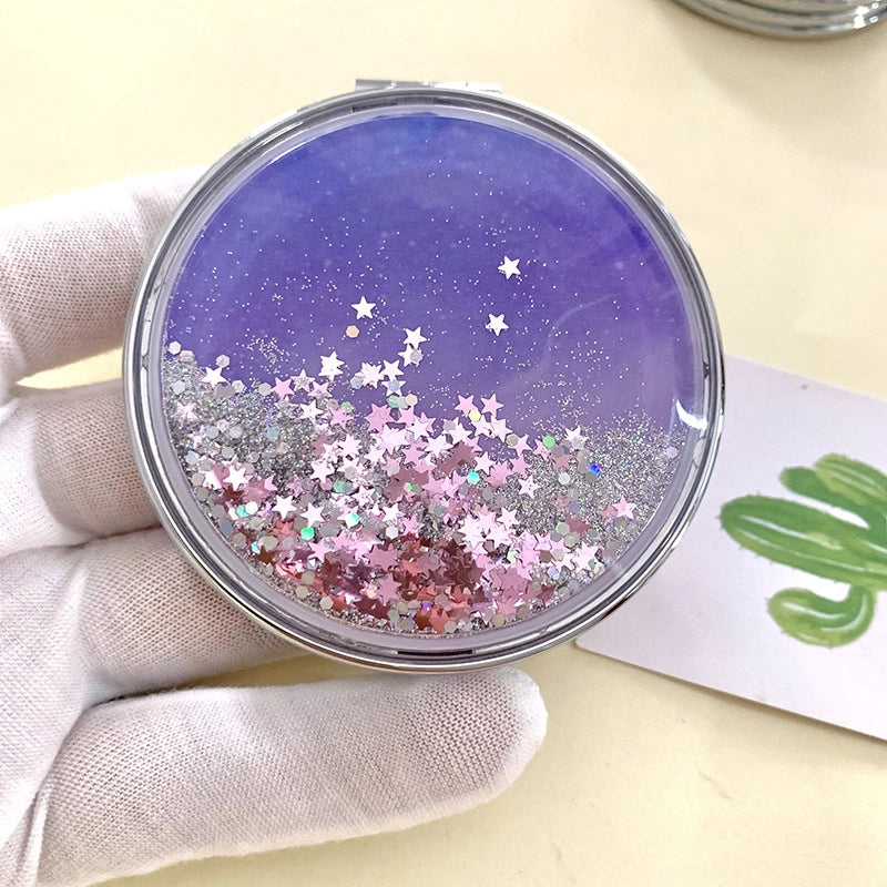 Girl Heart Pink Quicksand Small Mirror Portable Double-sided Folding Mirror Round Boys Makeup Mirror