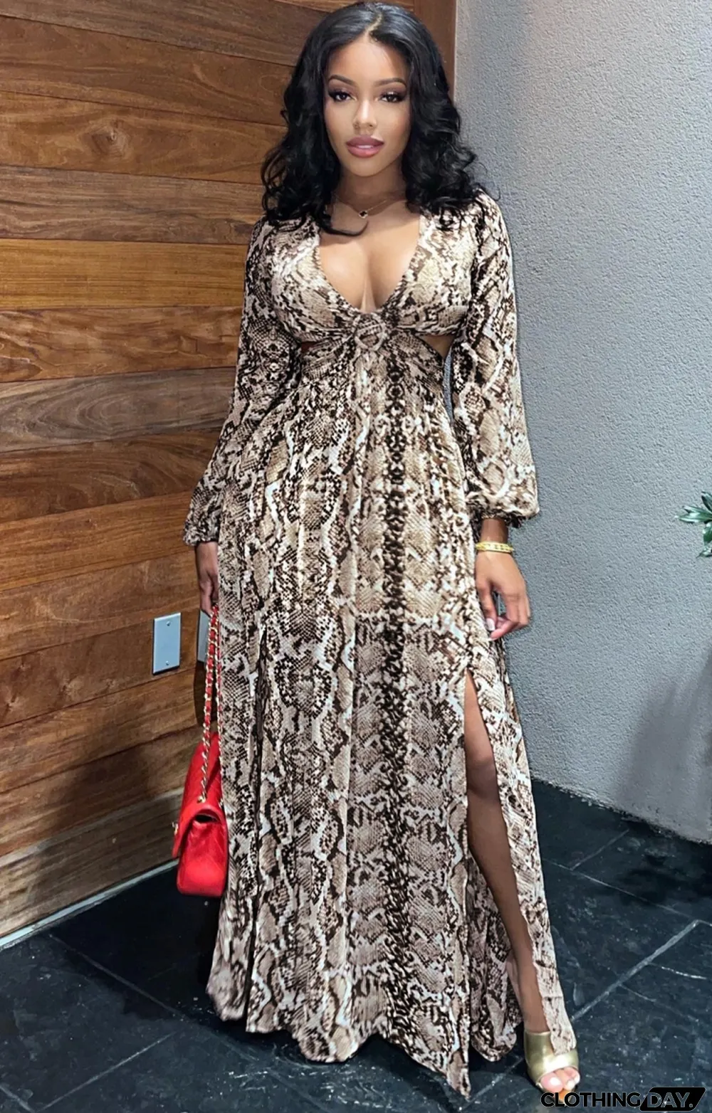 Autumn Formal Snake Skin V-Neck Long Sleeve Maxi Dress