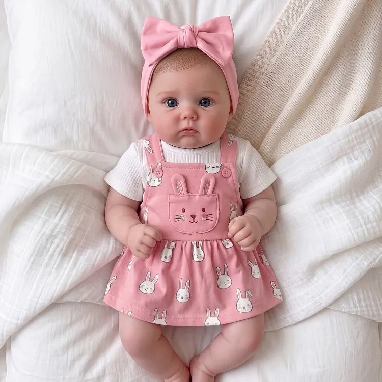 Babeside Sage 12"/16"/20" Full Silicone Baby Doll &ndash; Realistic Baby with Pink Bunny Pinafore Outfit