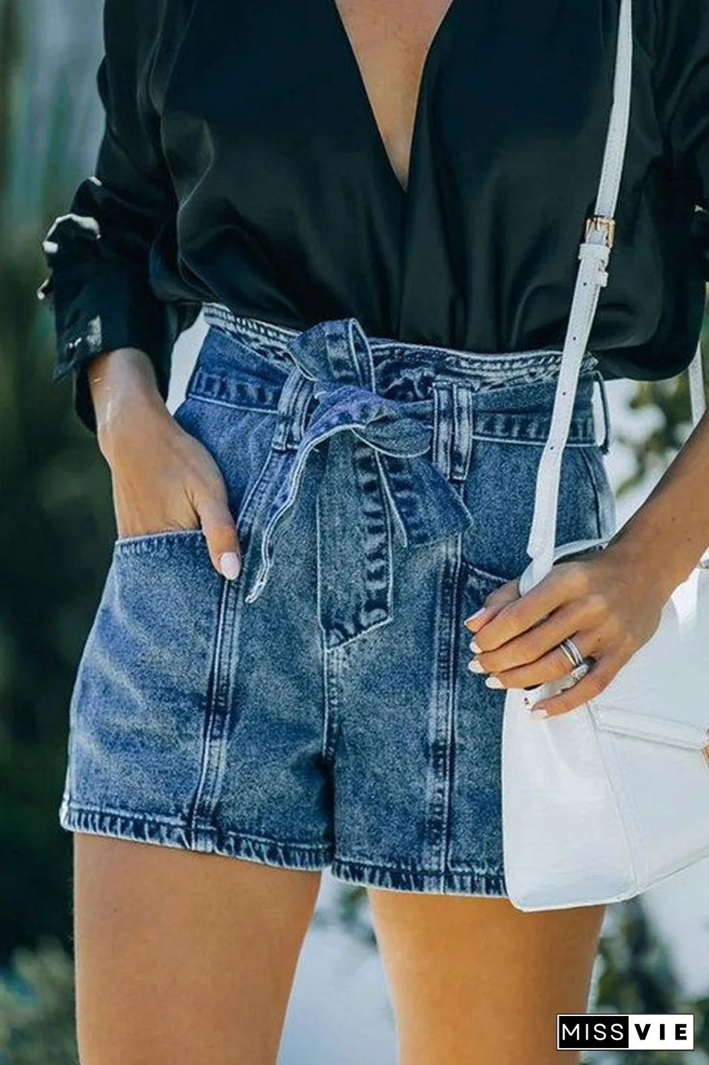 Casual Solid Pocket With Belt High Waist Denim Shorts