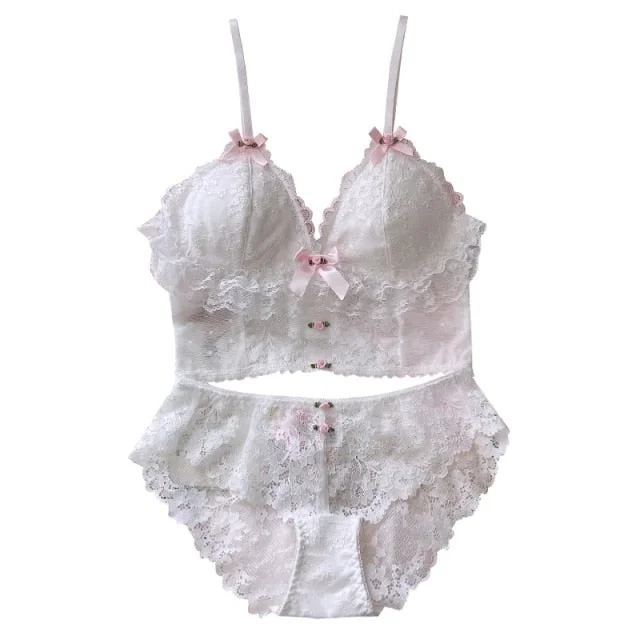 White Princess Girl  Romantic Lace 2-Piece Soft Lingerie Set Novameme