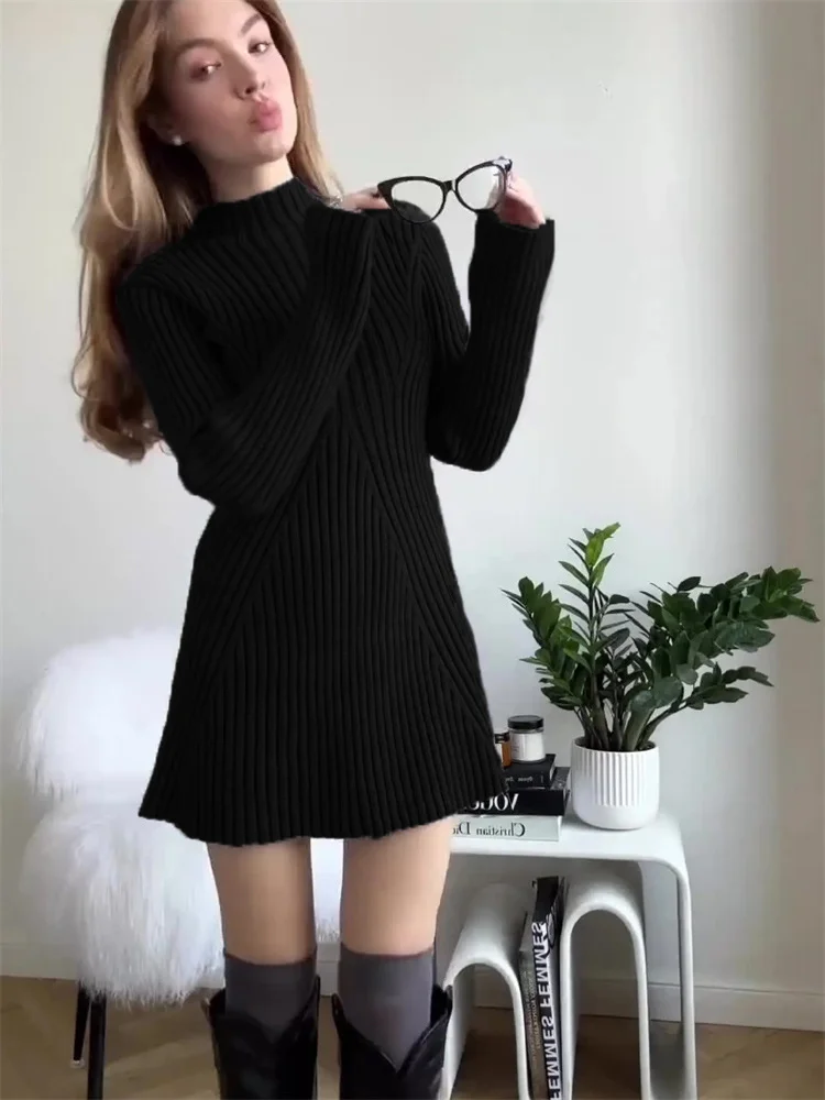 Uveng Uveng Tight Knitted Dress Woman 2023 Half-Neck Bottomed And Hip Solid Color Temperament Short Autumn Winter Sweater Skirt
