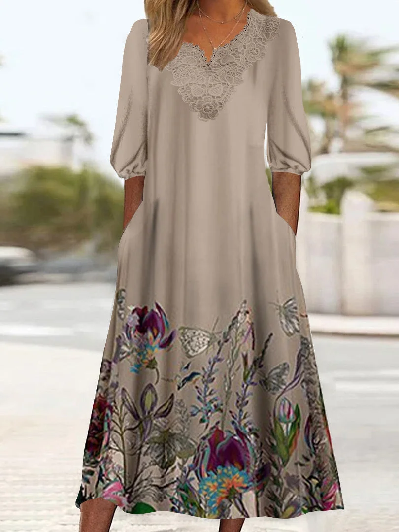 Women's 3/4 Sleeve V-neck Floral Printed Lace Stitching Midi Dress