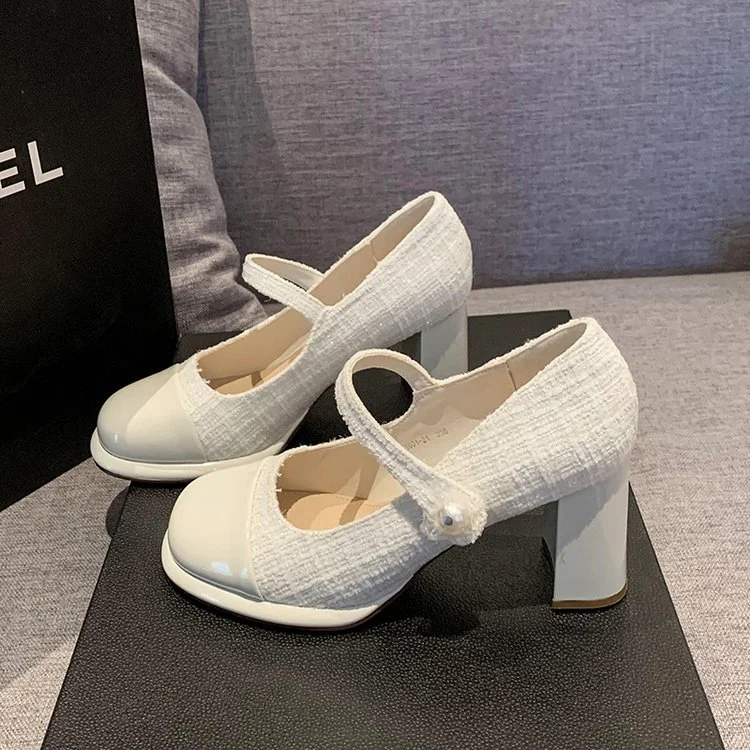 Wongn Wongn 2024 New Small Fragrant Wind Pearl Buckle Patent Leather Baotou Stitching Thick Heel Single Shoes High-Heeled Shoes Women's Shoes