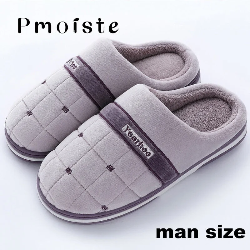 Indoor Slippers for men Plus Size 46-47 Checkered Rubber Male Slippers Soft House slippers Man Winter Plush Family shoes at home