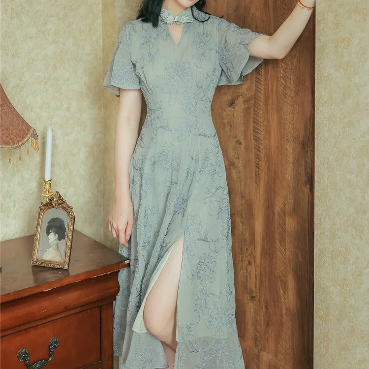 Women Cottagecore Dress Vintage Stand Collar Embroidery Cheongsam Dress Summer Dress