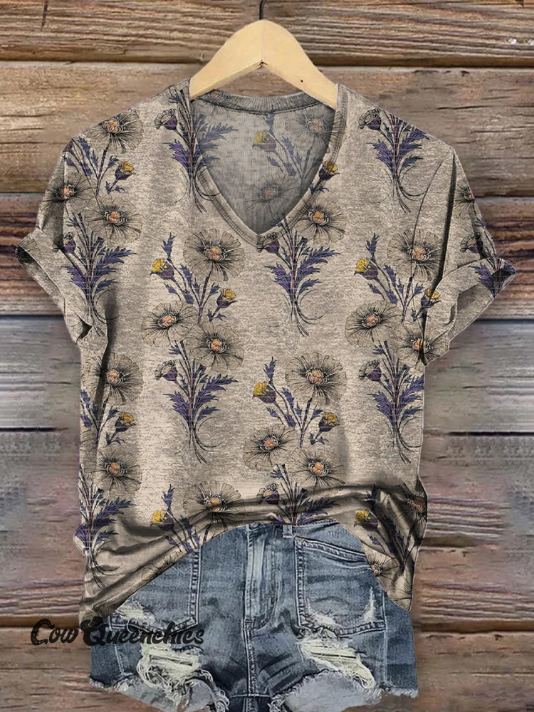 Women’s Floral Pattern Print Casual V-neck T-shirt Beige / S