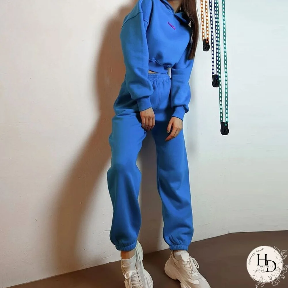 Autumn Long Sleeved Solid Chunky Tracksuit Women Hoodie Top + Elastic Waist Pants Casual Outfit Winter Warm Two Piece Sets